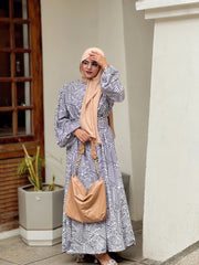 Yezwe Beige geometryPrint Maxi Dress with Belt and Shoulder Pad - Modest Wear