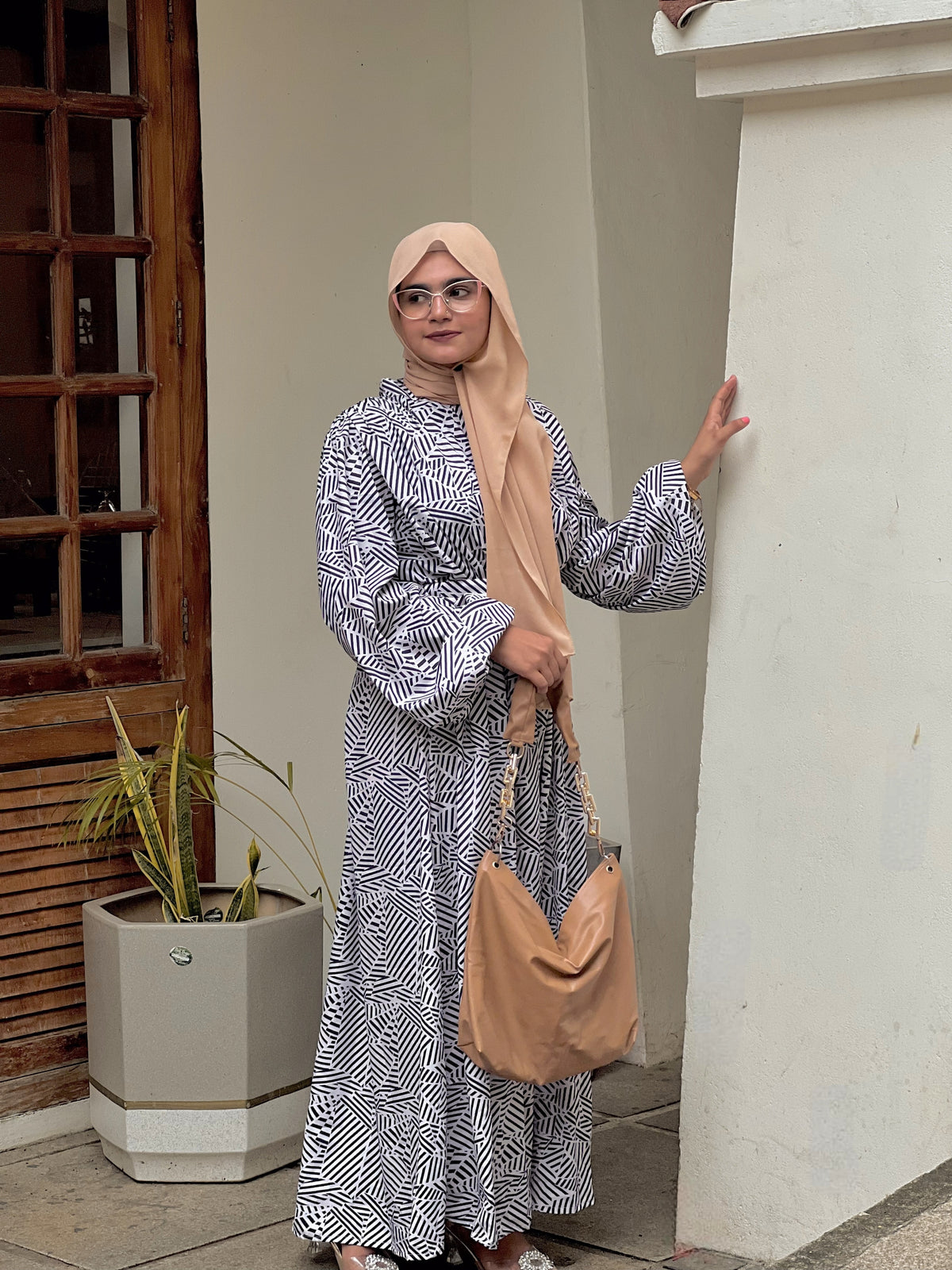 Yezwe Beige geometryPrint Maxi Dress with Belt and Shoulder Pad - Modest Wear