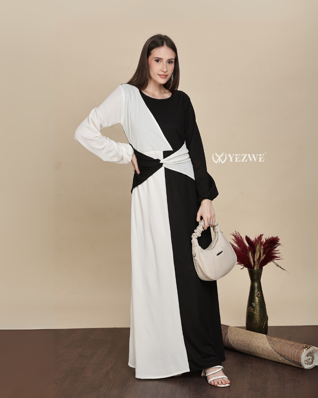 Yezwe Elegant Monochrome Wrap-Around Black and White Maxi Dress Maxi Dress