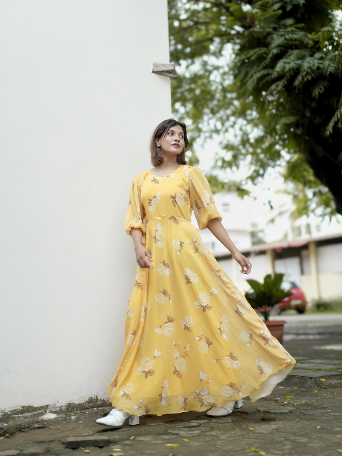 Yezwe Yellow Puff 3/4th Sleeve Maxi Dress- Western Wear