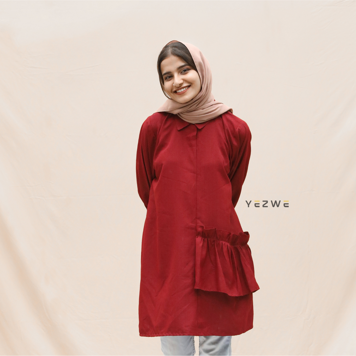 Yezwe Solid Red Top with Side Ruffle - Modest Wear