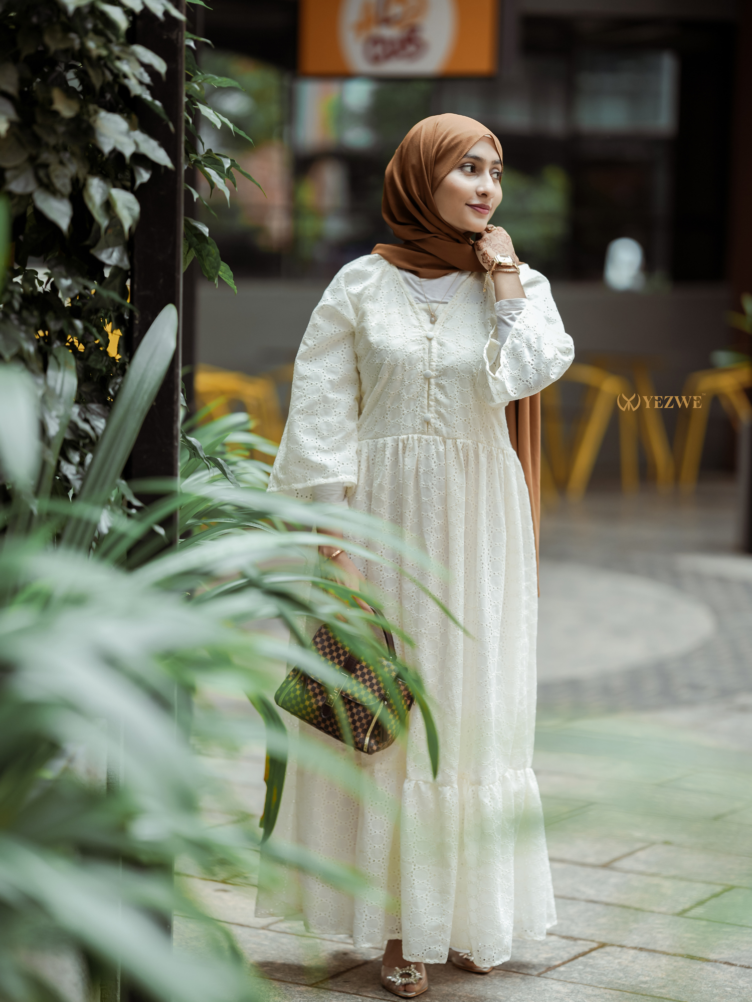 Yezwe Hakoba Off White Maxi Dress with V-neck  - Modest Wear