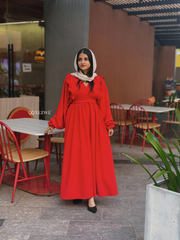 Yezwe Knitted Kar Red Maxi Dress with Ruffle Chest & V-Neck - Modest Wear