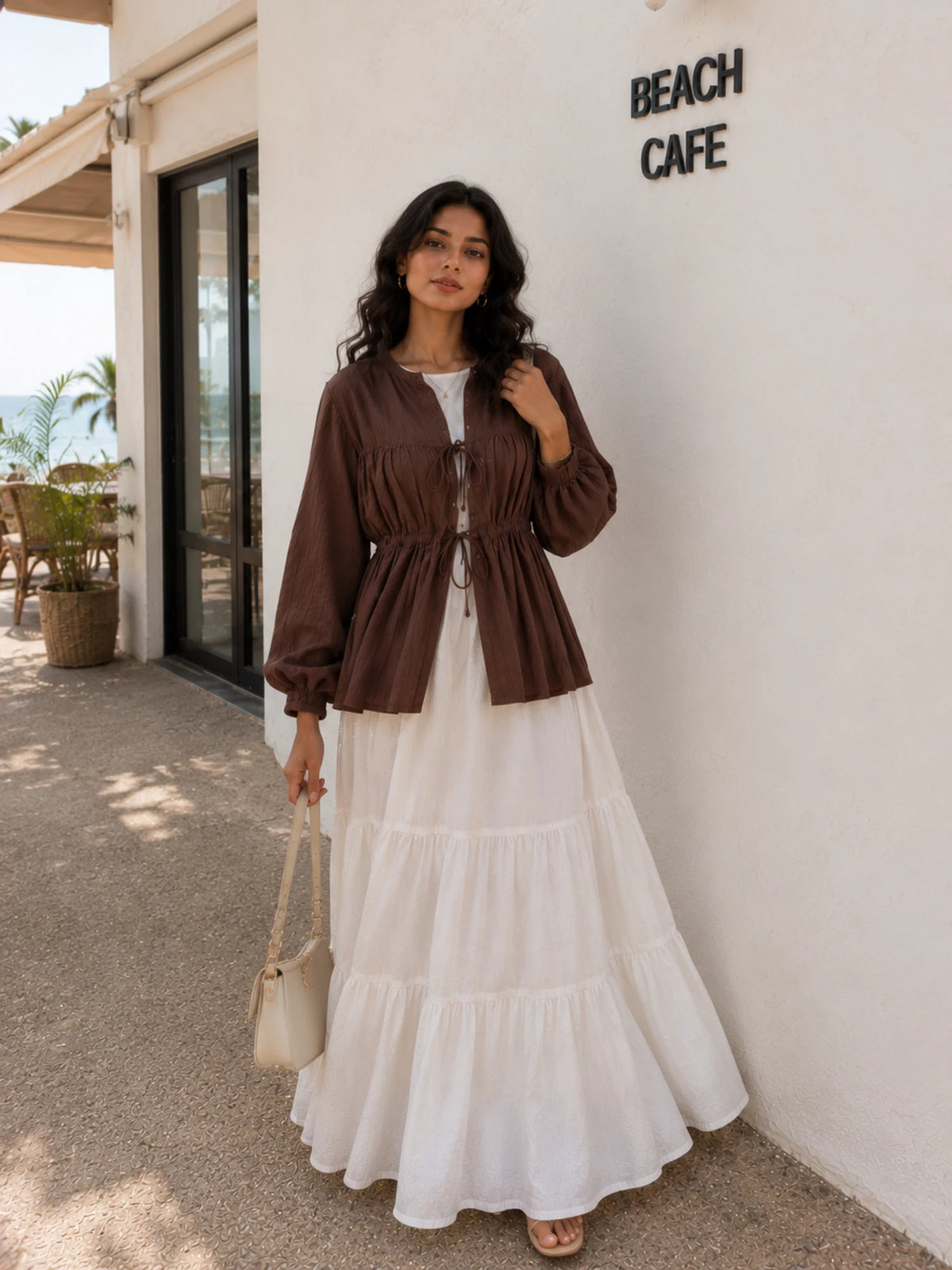 Chocolate Brown Cey Shrug with White Flared Maxi Gown | Yezwe Modest Wear