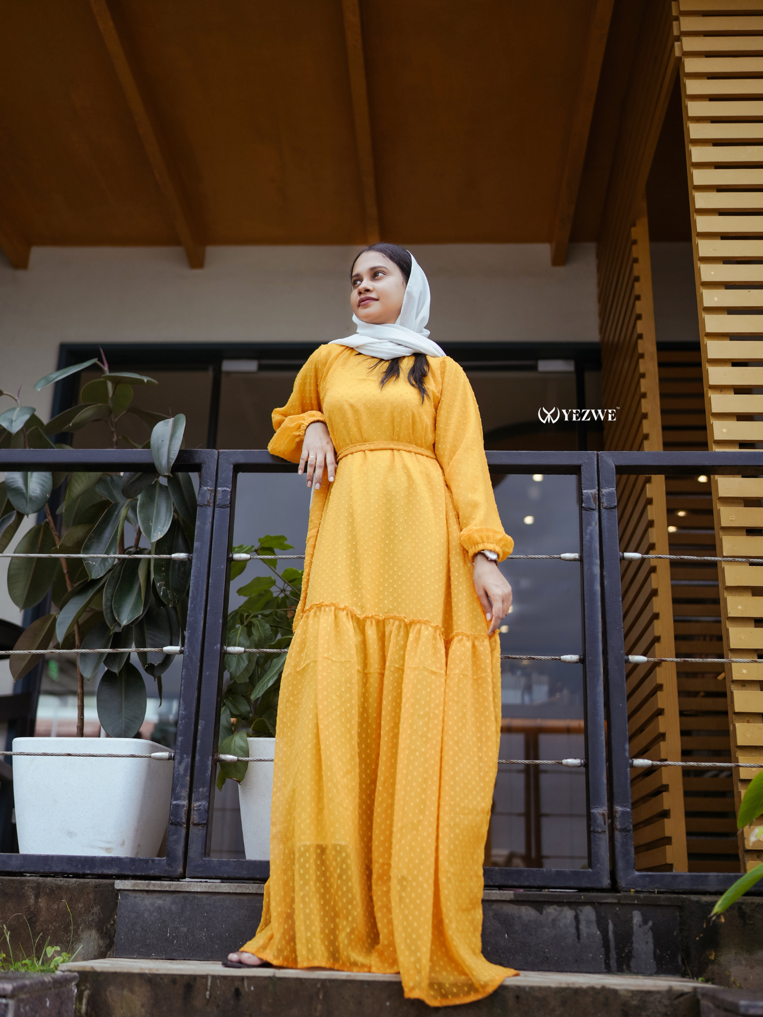 Yezwe Vibrant Yellow Textured Maxi Dress With Ruffle Neck - Yezwe Modest Wear