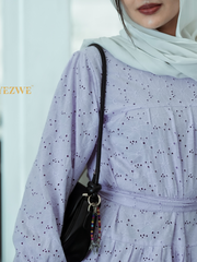 Yezwe Embroidery Hakoba Light Lavender Maxi Dress WIth 3 Layer with Cloth Belt - Modest Wear