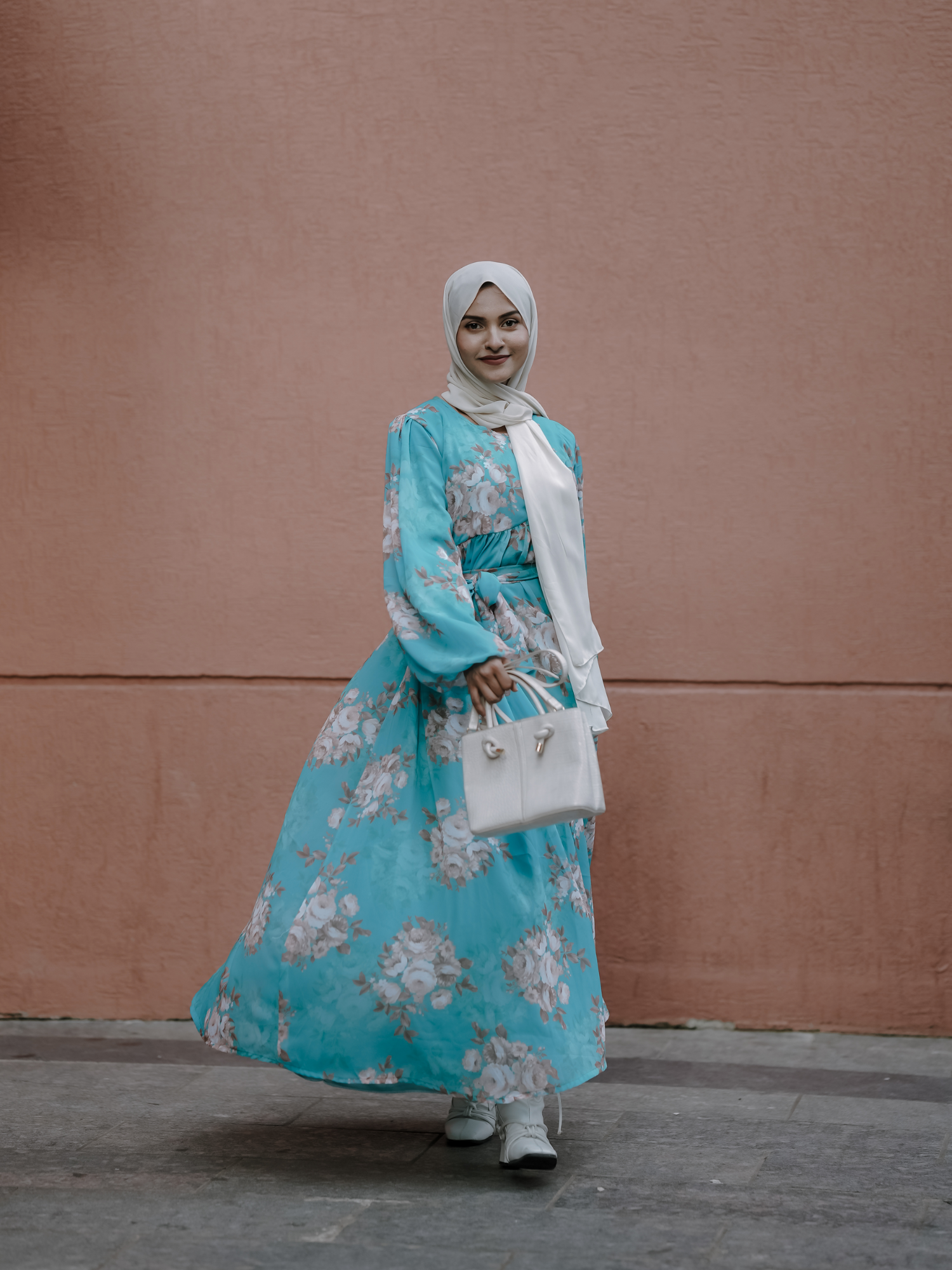 Yezwe Aqua Blue Small Floral Georgette Maxi Dress with Lycra Lining - Modest Wear