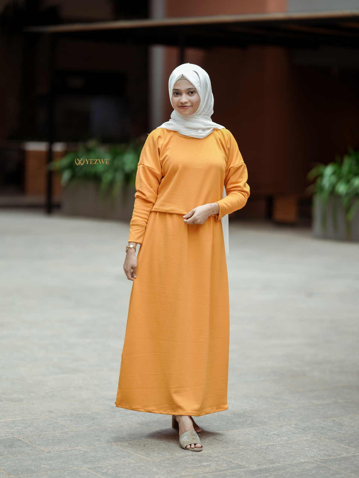 Yezwe Orange Turkish Short Top and Skirt Set - Modest Wear