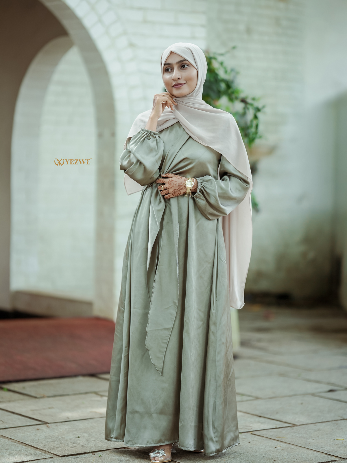 Yezwe's Steel Grey Satin Overlapping Tie Flowing Maxi Dress - Modest Wear