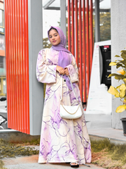 Yezwe Purple Marble Big Print Maxi Dress with Attached Belt - Modest Wear