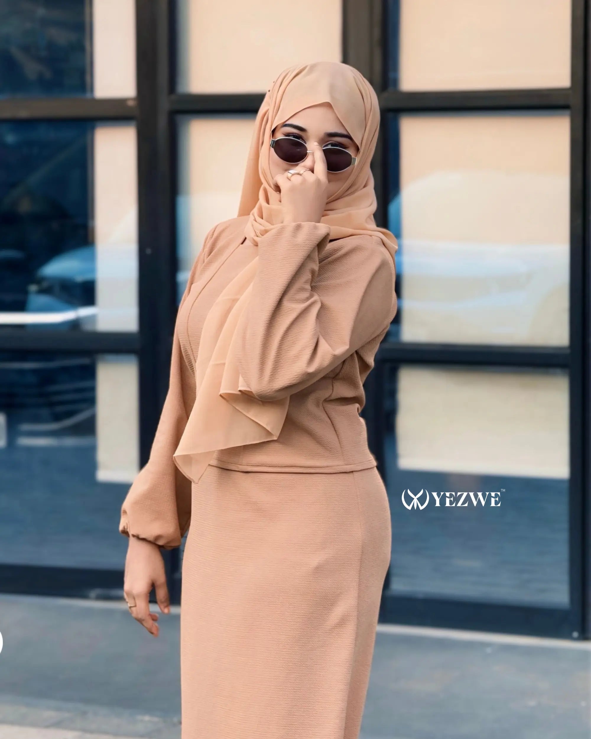 Yezwe Elysian Modesty – Camel Brown Knitted Top & Skirt Co-ord Set for Timeless Elegance CO-ORD SET