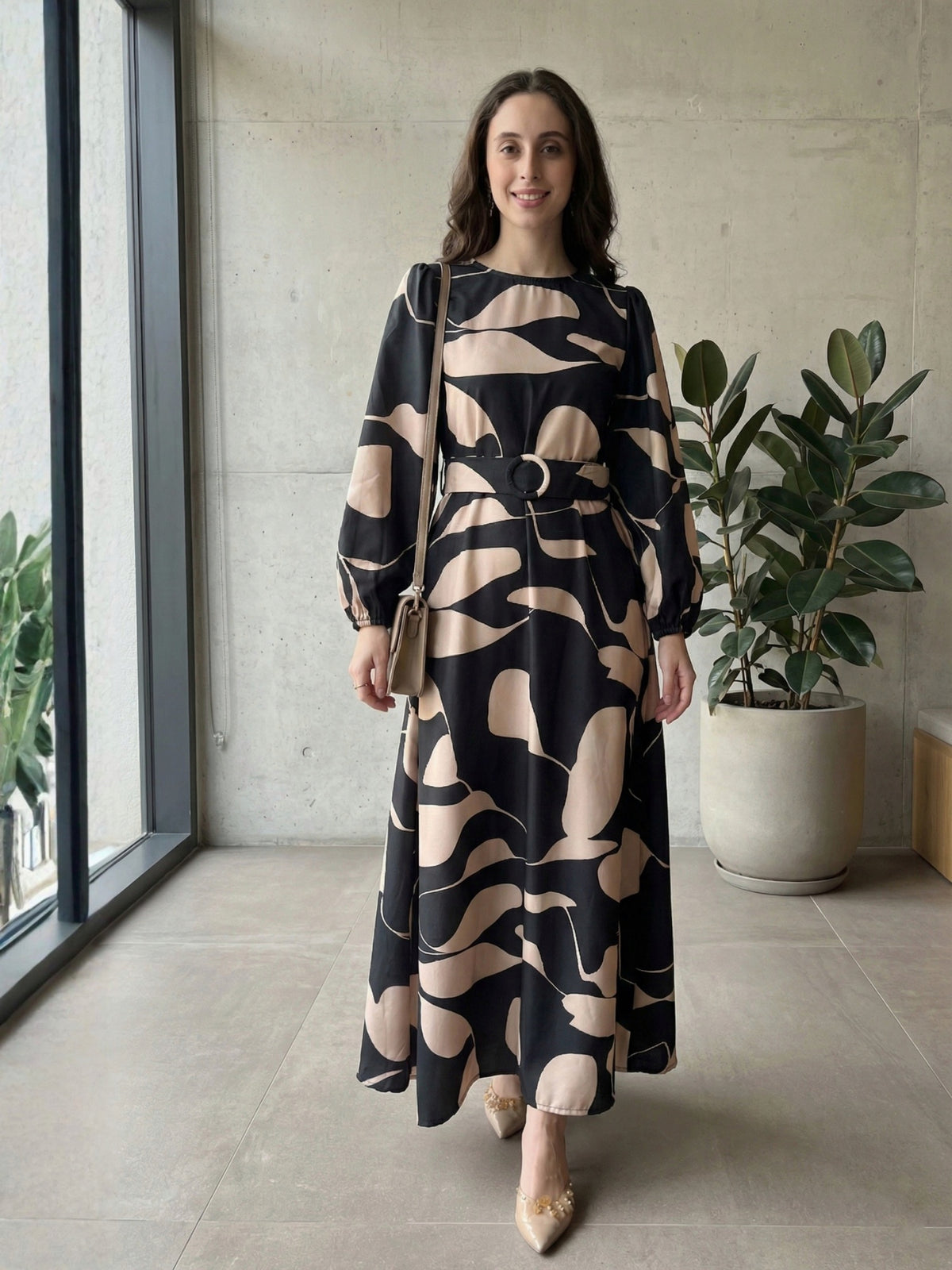 Yezwe black and nude abstract print long sleeve belted modest maxi dress front view
