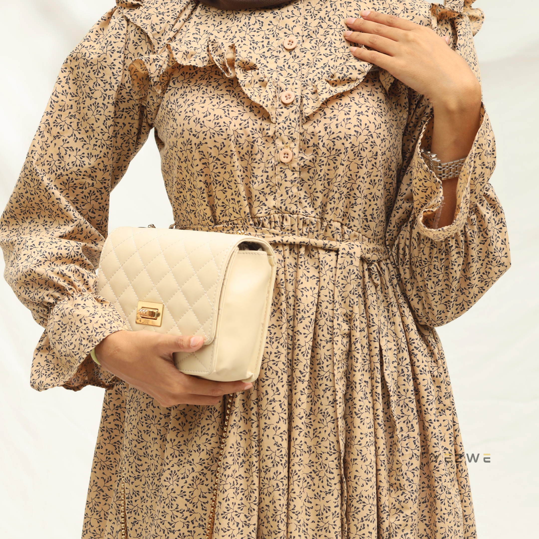 Yezwe Beige Small Print Maxi Dress with Chest Ruffles - Modest Wear