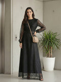 YEZWE Black Lace Satin Schiffli Maxi Dress | Floor-Length Modest Wear