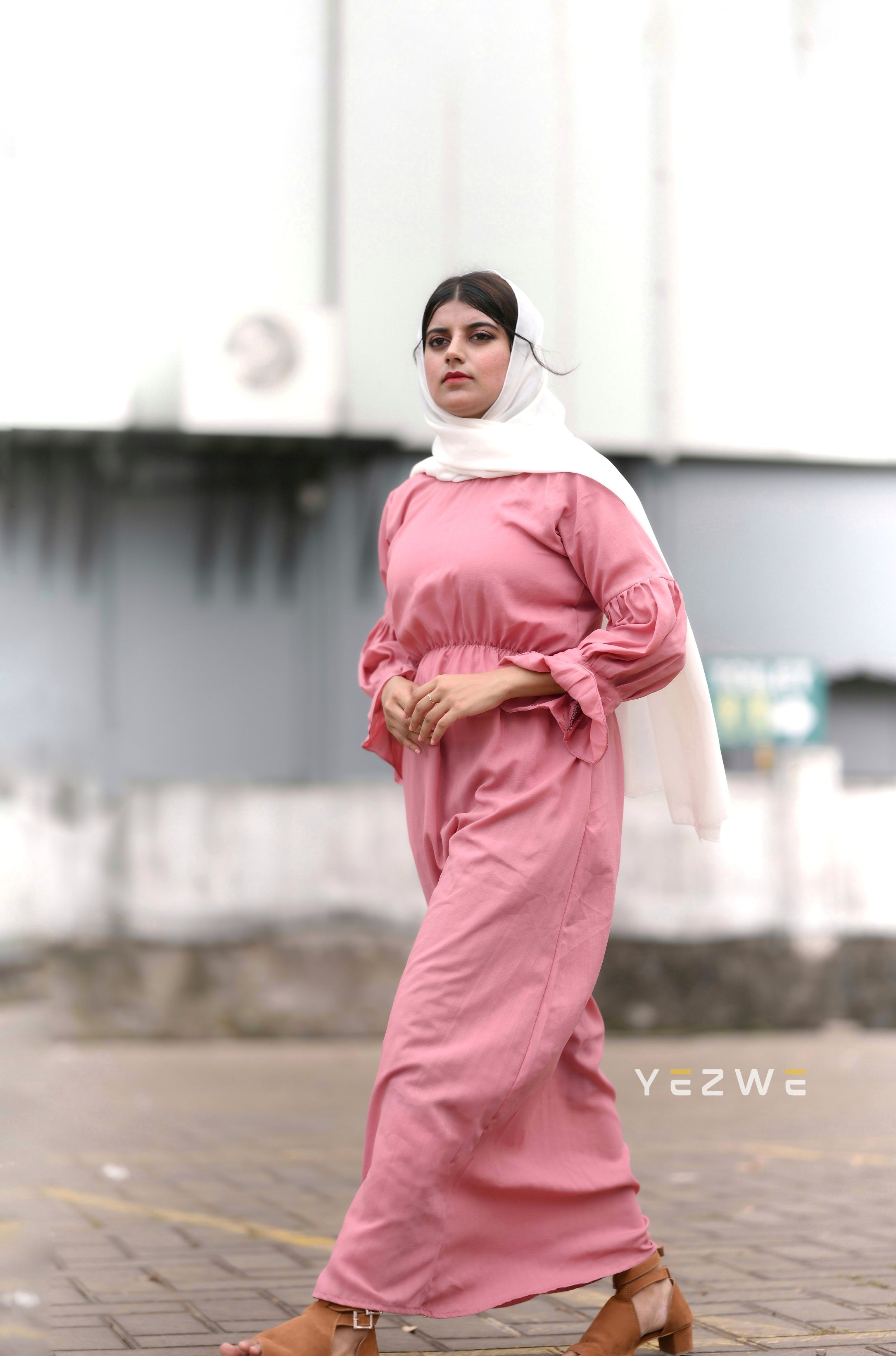 Yezwe Pink Maxi Dress with Center Elastic - Modest Wear