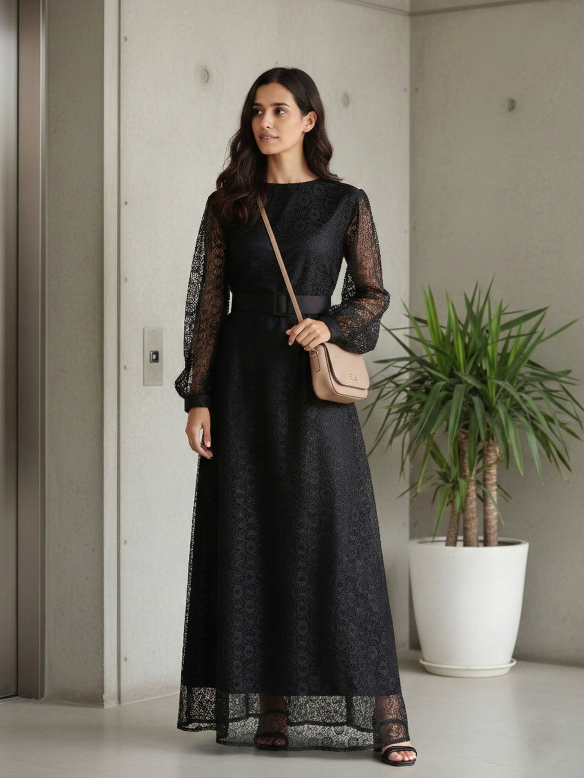 Yezwe black lace satin schiffli floor-length modest maxi dress front view