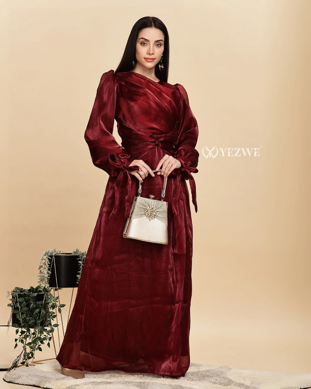 Yezwe Deep Maroon Burberry Silk Full Lenght Maxi Dress – Modest Wear Maxi Dress