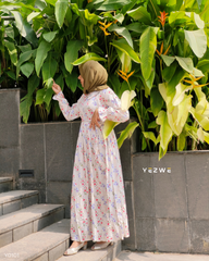 Yezwe Floral White Print Maxi Dress with Cloth Belt - Modest Wear