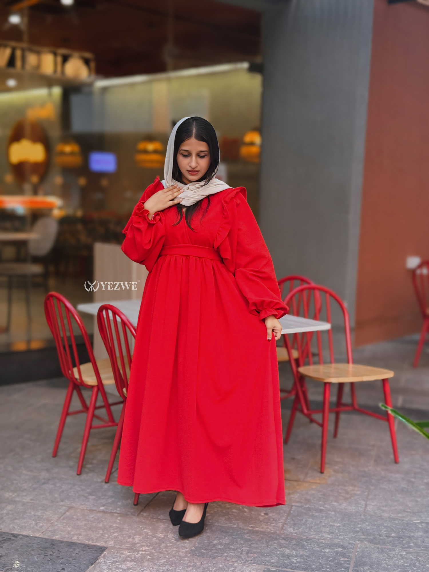 Yezwe Knitted Kar Red Maxi Dress with Ruffle Chest & V-Neck - Modest Wear