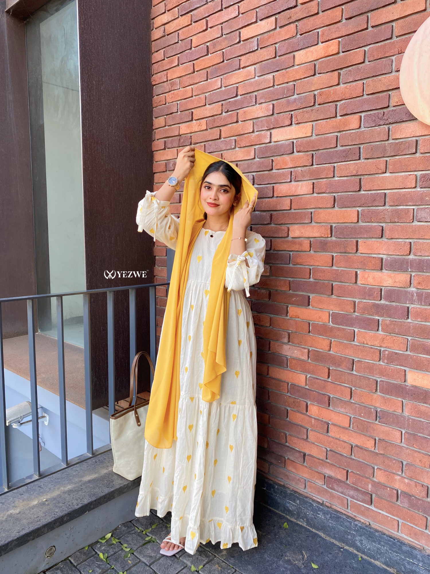 Yezwe Yellow  Love Embroidered Kora Fabric Maxi Dress - Modest Wear