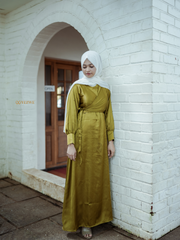 Yezwe Golden Olive Satin Overlapping Tie Flowing Maxi Dress - Modest Wear