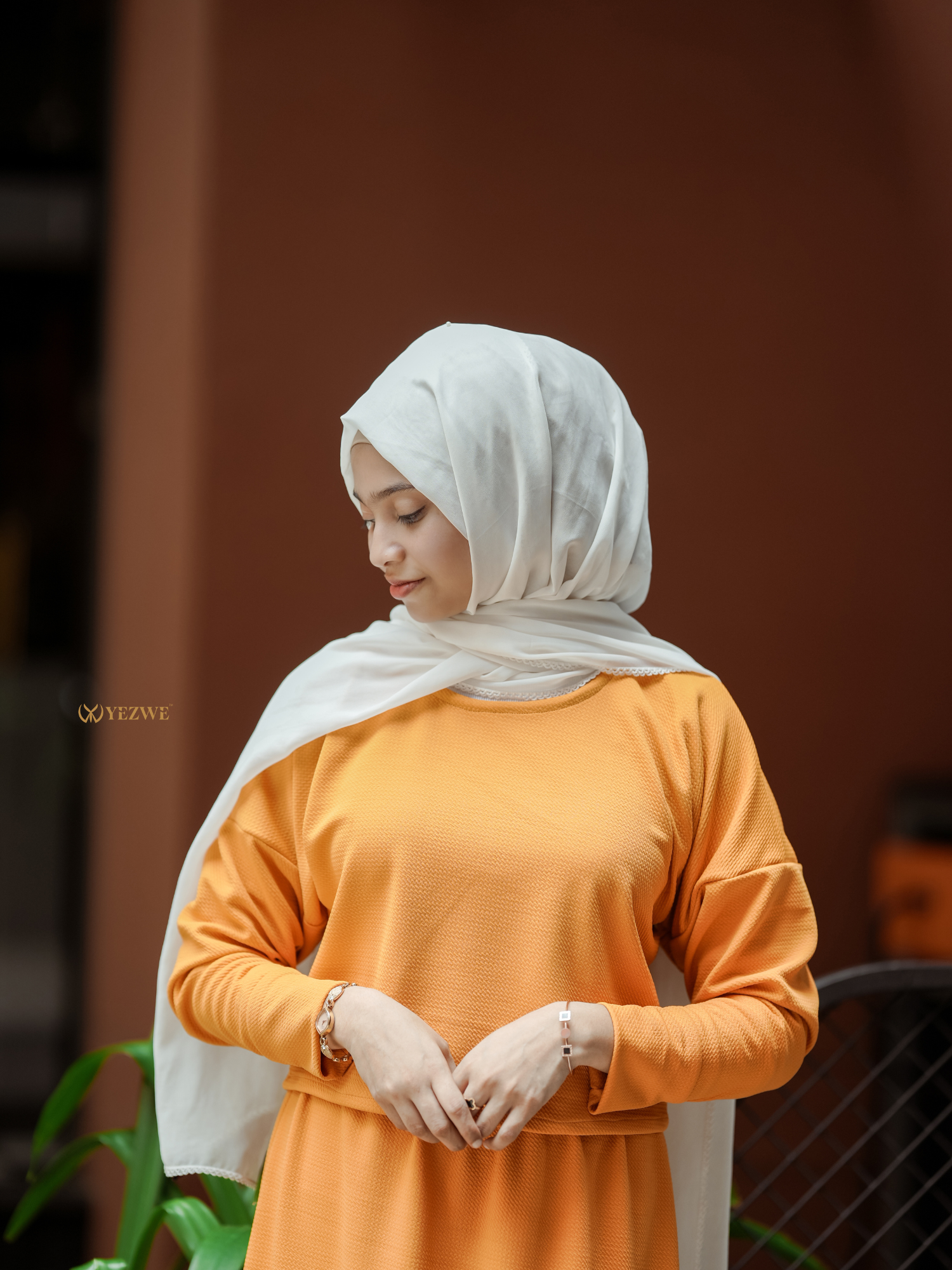 Yezwe Orange Turkish Short Top and Skirt Set - Modest Wear