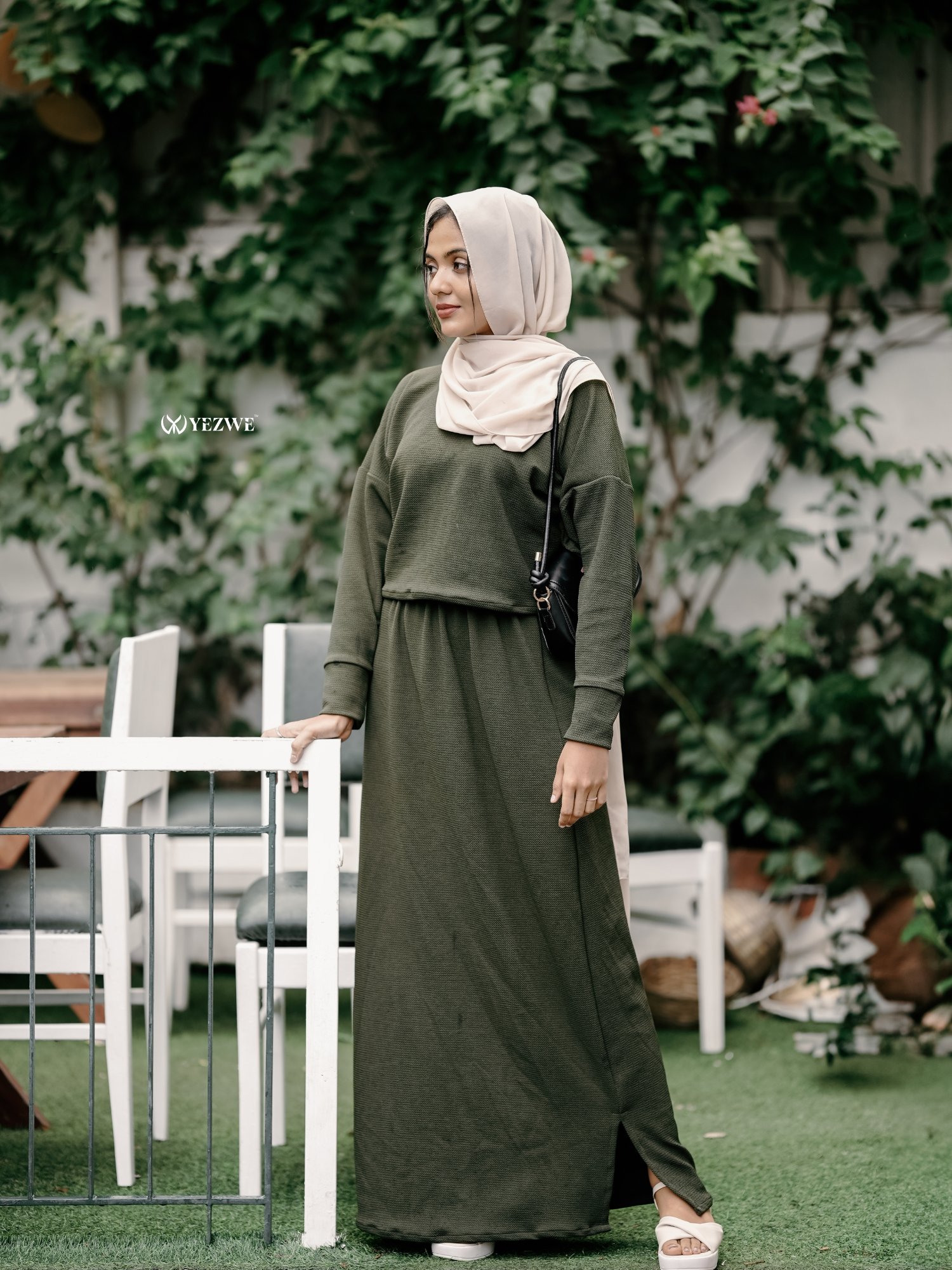 Yezwe Olive Green Turkish Short Top and Skirt Set - Modest Wear