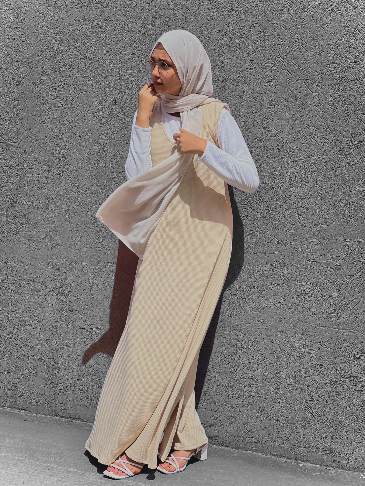 Yezwe Beige Pinafore Full Length with White Inner Top - Modest Wear