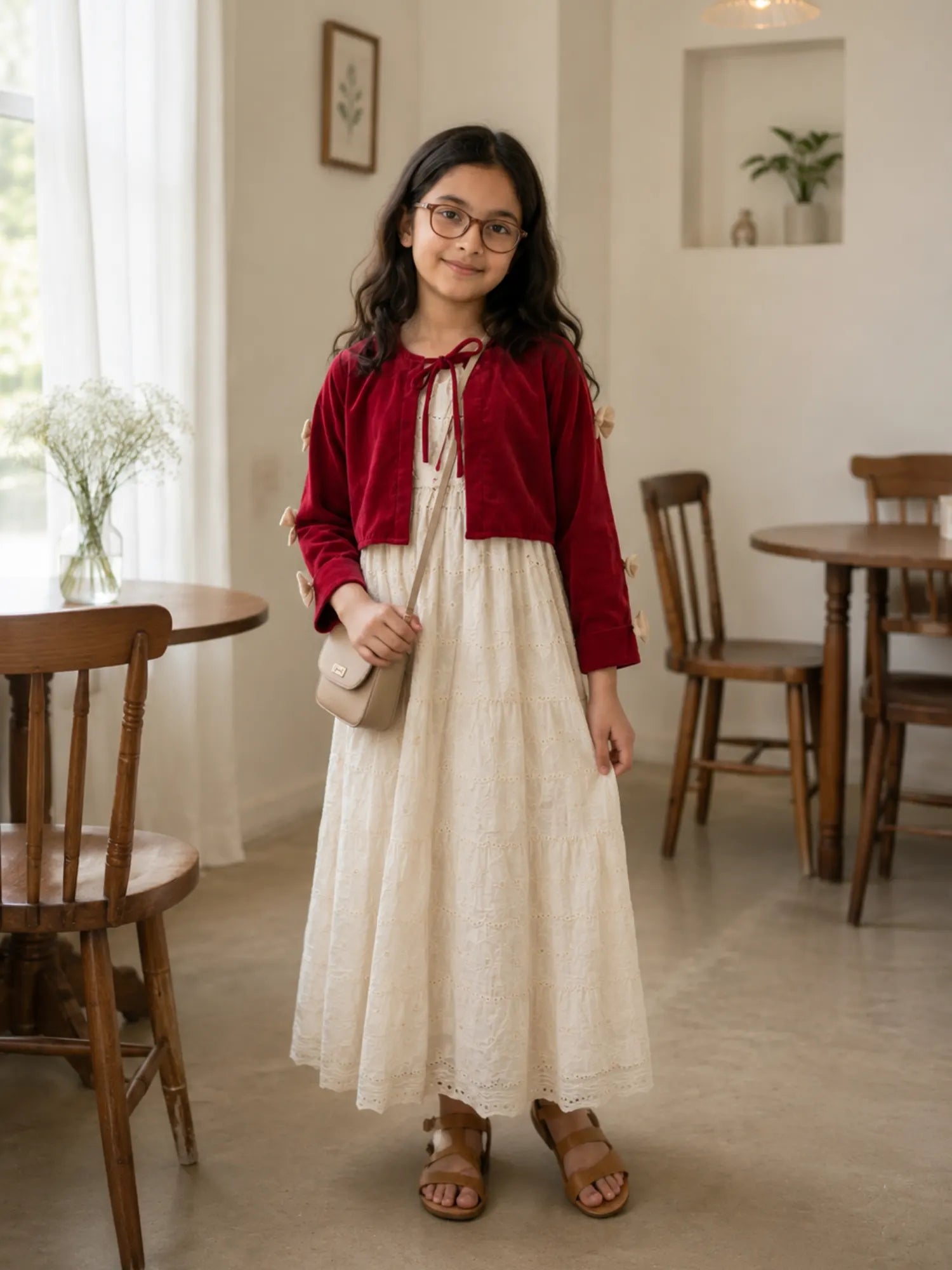 Miniyez junior girls velvet coat with hakoba cotton maxi dress side view
