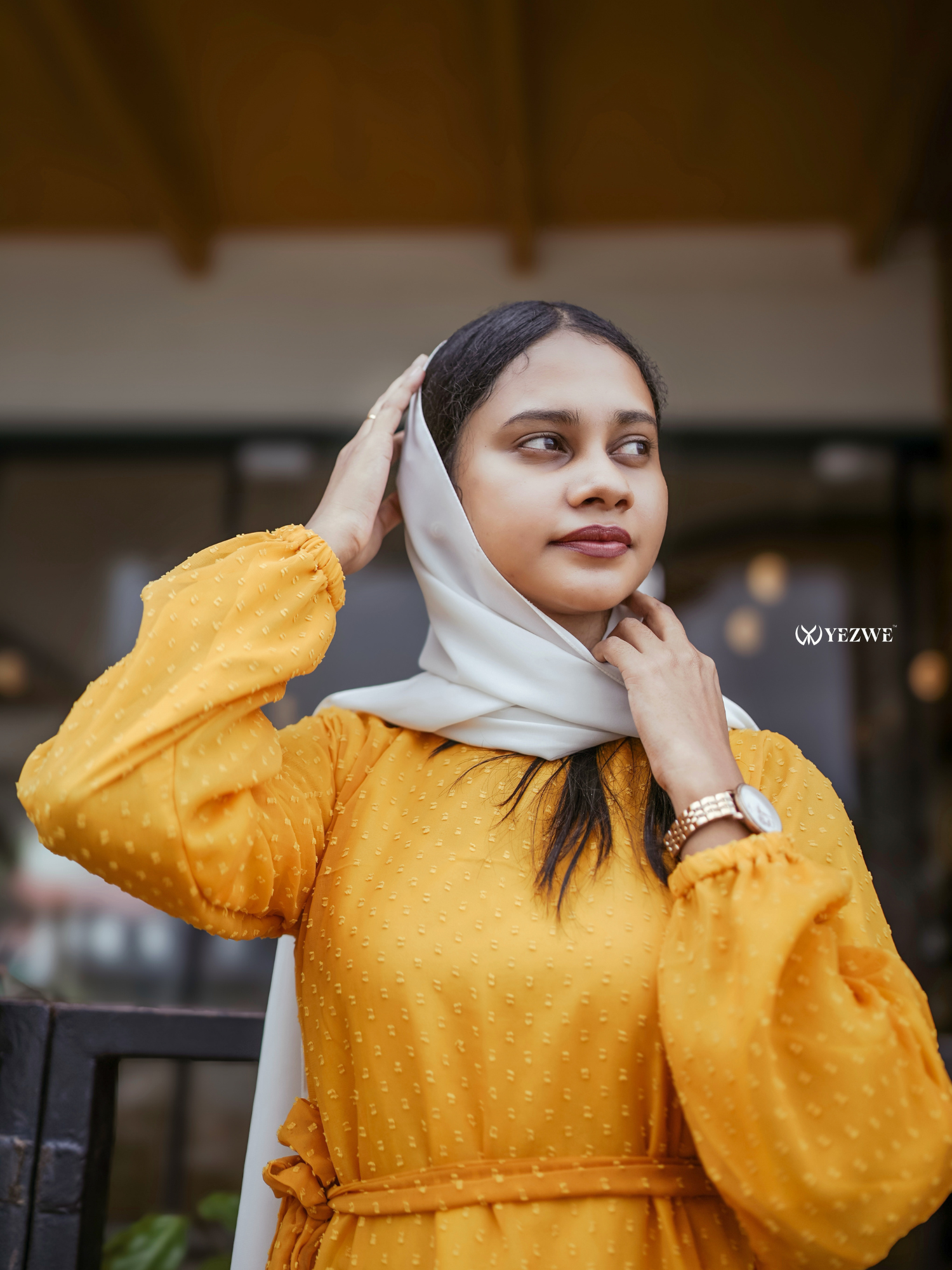 Yezwe Vibrant Yellow Textured Maxi Dress With Ruffle Neck - Yezwe Modest Wear