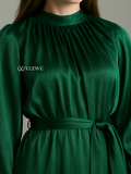 YEZWE Emerald Green Long Sleeved Full Length High-Necked Flaired Modest Party Maxi Dress