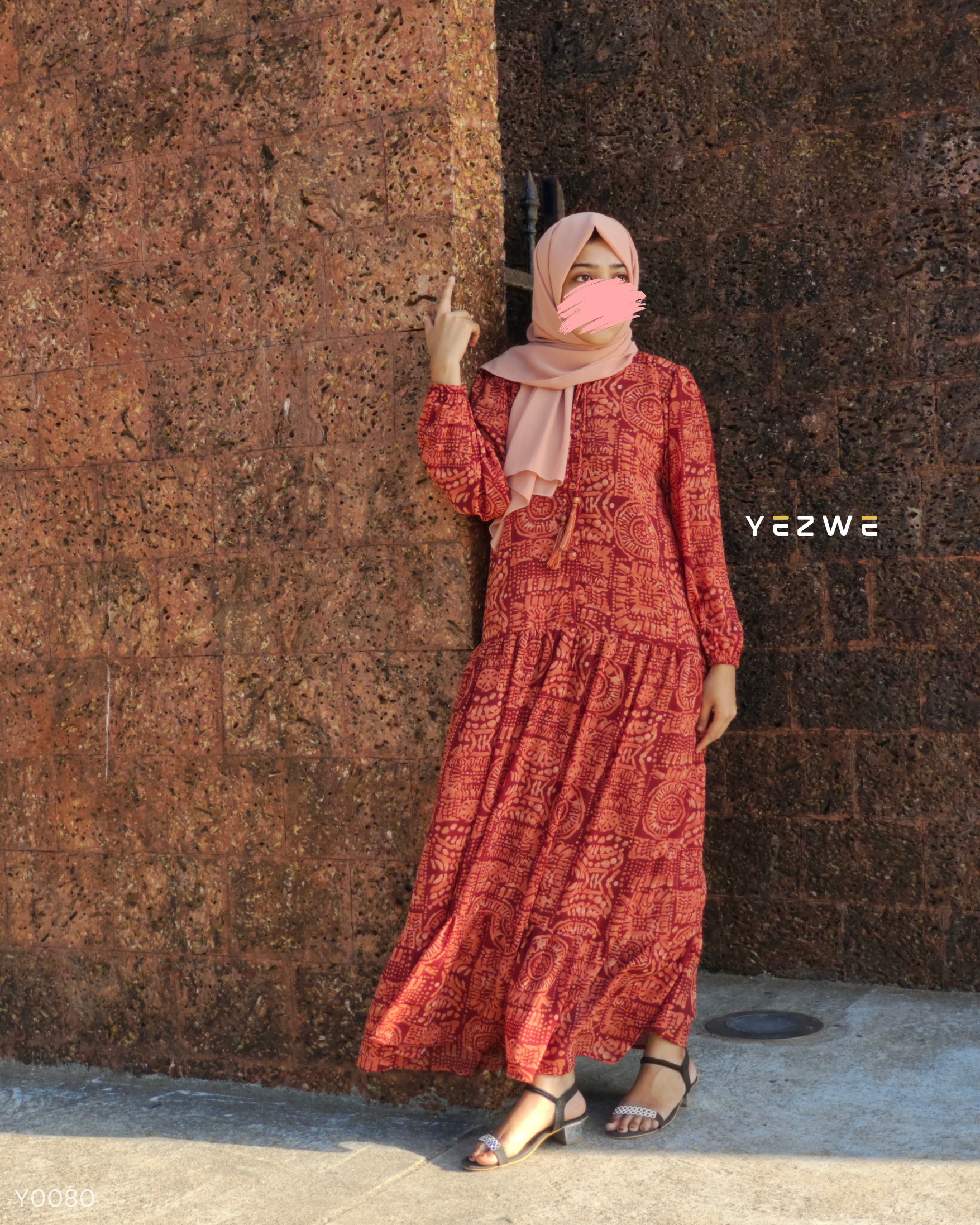 Yezwe Brick Red Maze Print Flowy Maxi Dress - Modest Wear