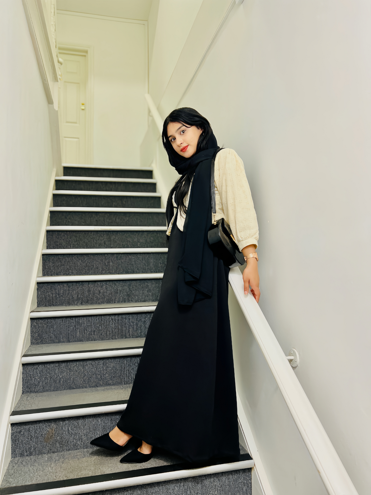 Yezwe Off White Hakoba Shrug With Full Length with Black Inner Gown  - Modest Wear