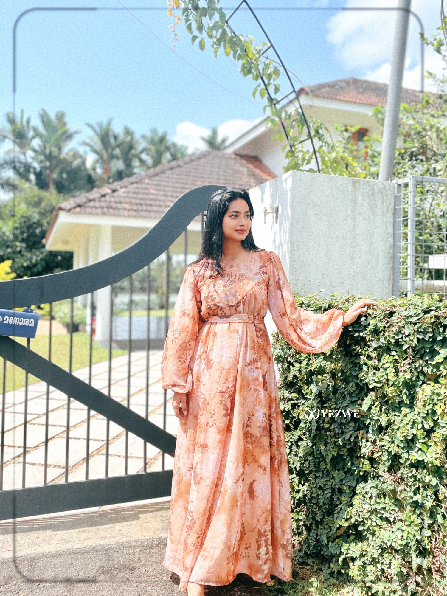 Yezwe Brown Floral Georgette Maxi Dress with Lycra Lining - Modest Wear