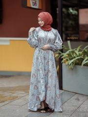 Tropical Printed  cadet bluesatin maxi dress - Modest Wear