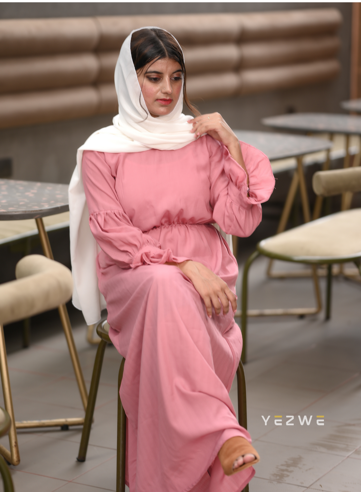 Yezwe Pink Maxi Dress with Center Elastic - Modest Wear