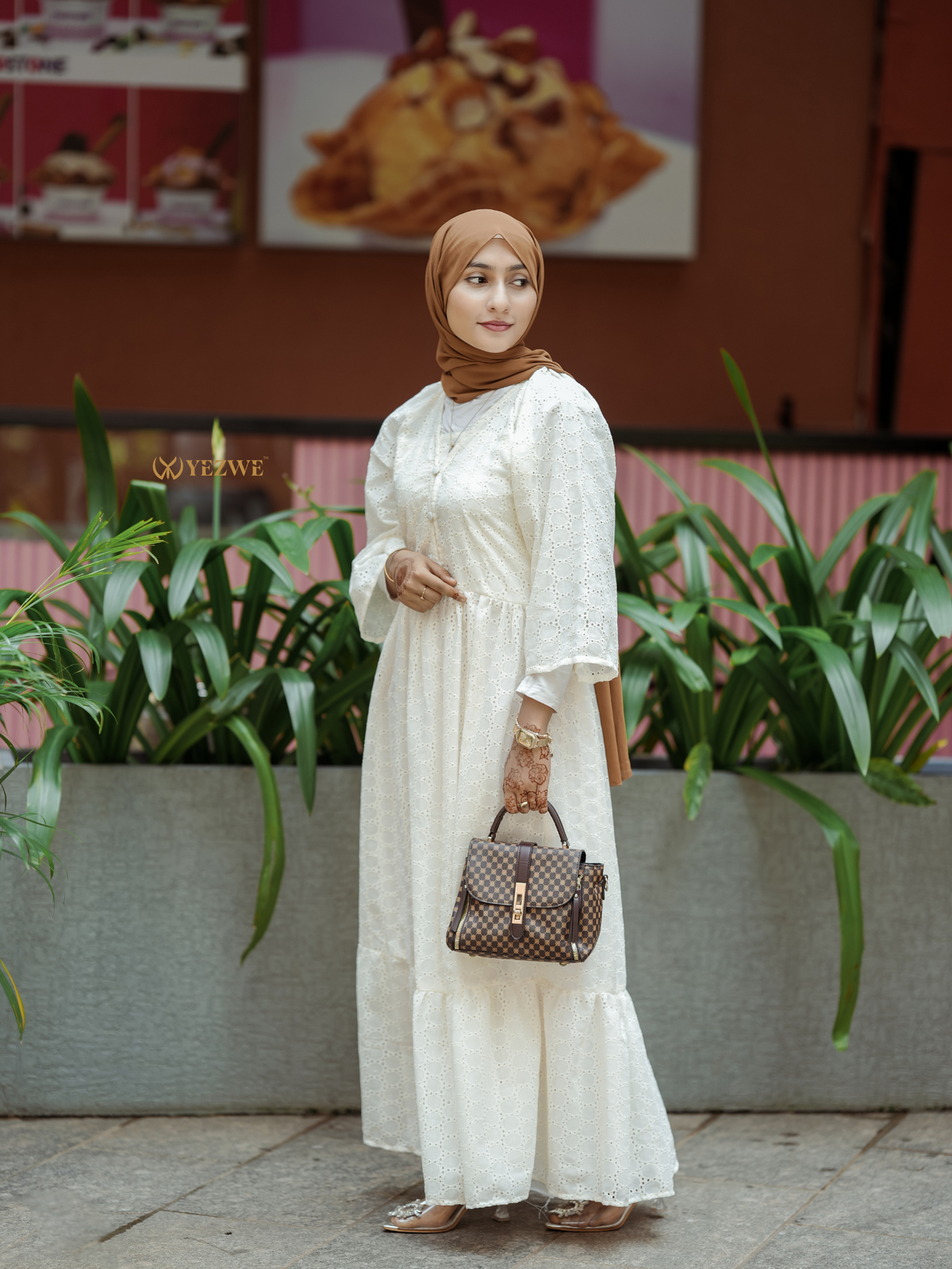 Yezwe Hakoba Off White Maxi Dress with V-neck  - Modest Wear