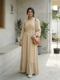 Yezwe Beige Knitted Kar Fabric Maxi Dress With Belt - Full Sleeve Modest Wear