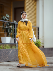 Yezwe Vibrant Yellow Textured Maxi Dress With Ruffle Neck - Yezwe Modest Wear