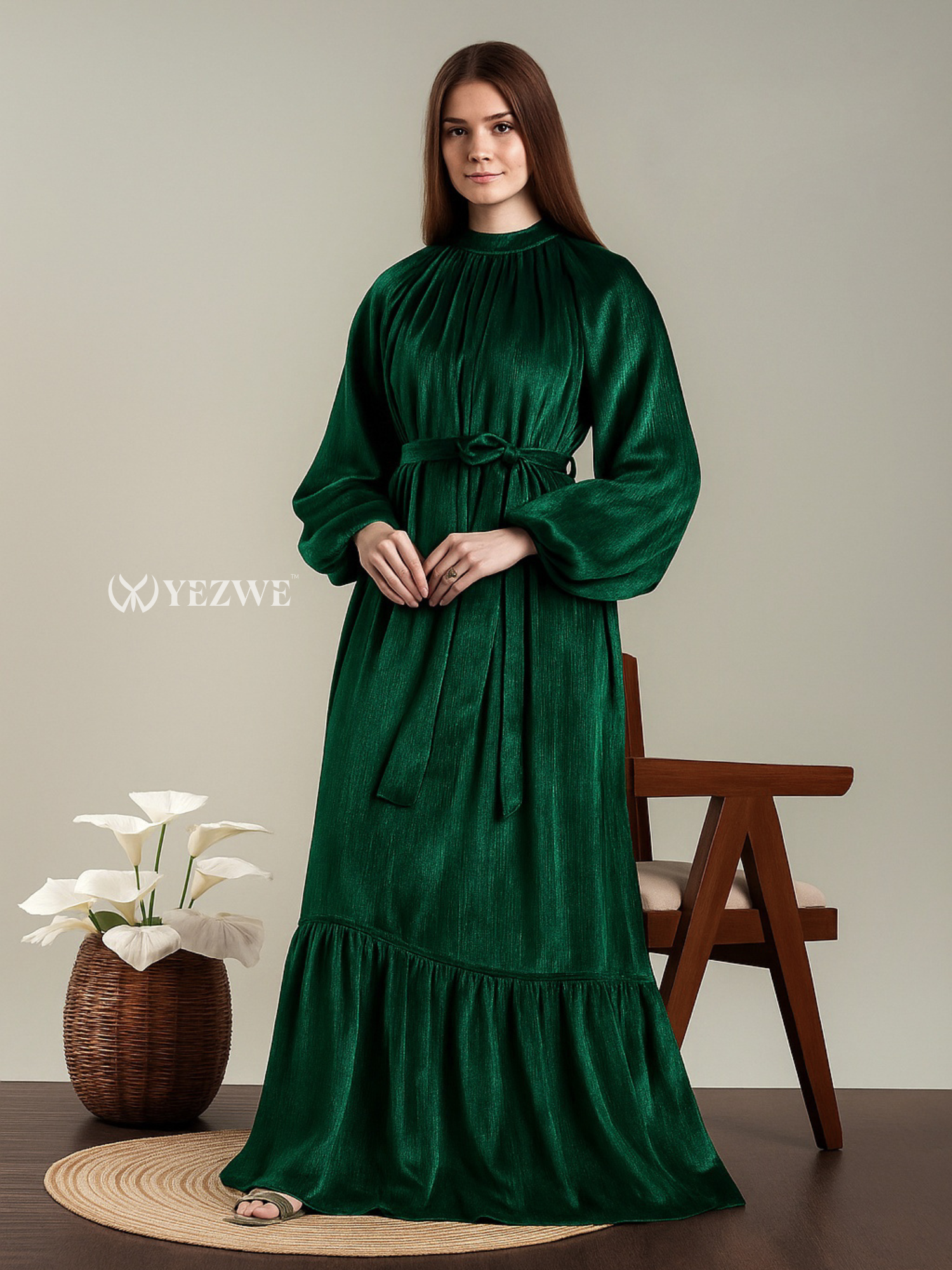YEZWE Emerald Green Long Sleeved Full Length High-Necked Flaired Modest Party Maxi Dress