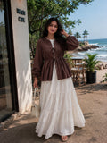 Chocolate Brown Cey Shrug with White Flared Maxi Gown | Yezwe Modest Wear