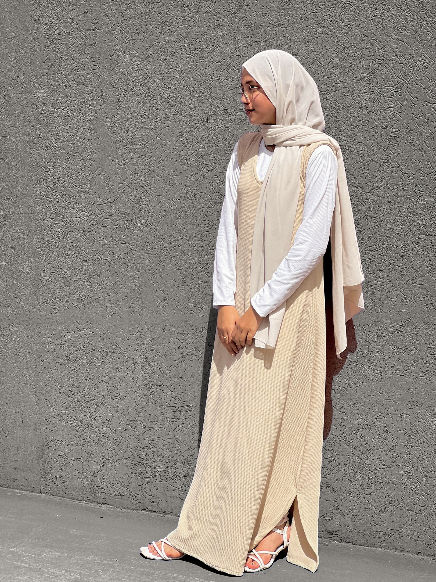 Yezwe Beige Pinafore Full Length with White Inner Top - Modest Wear