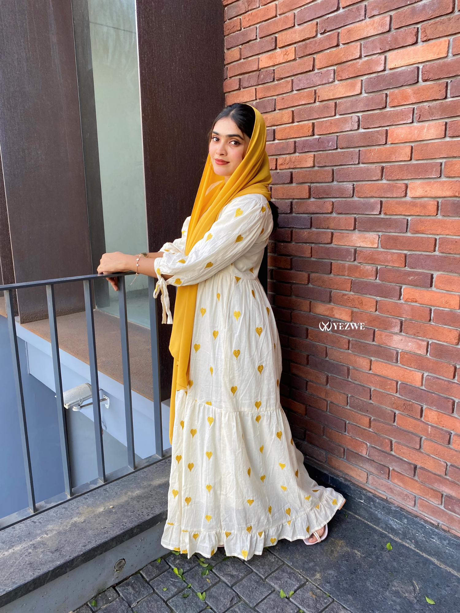 Yezwe Yellow  Love Embroidered Kora Fabric Maxi Dress - Modest Wear