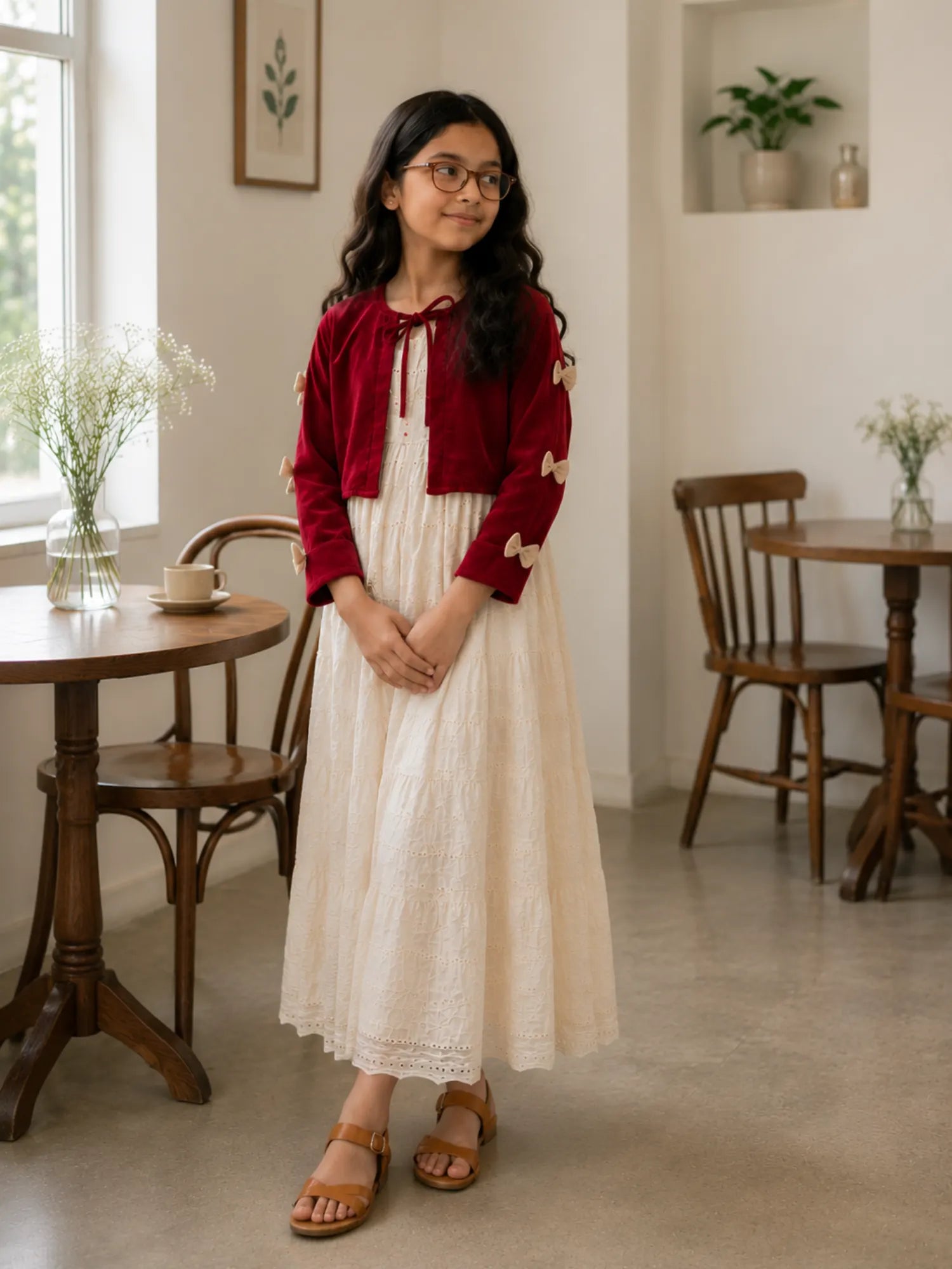 Miniyez junior girls velvet coat with hakoba cotton maxi dress detail view
