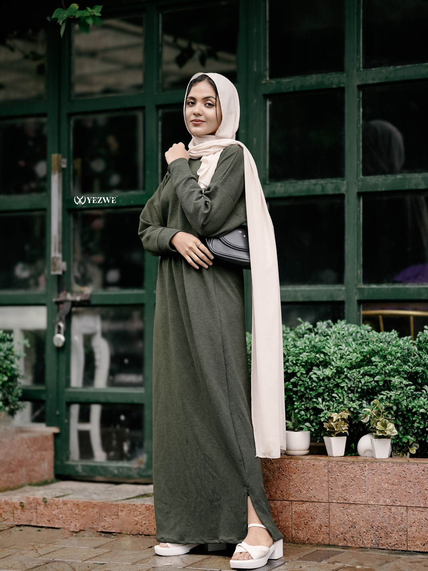 Yezwe Olive Green Turkish Short Top and Skirt Set - Modest Wear