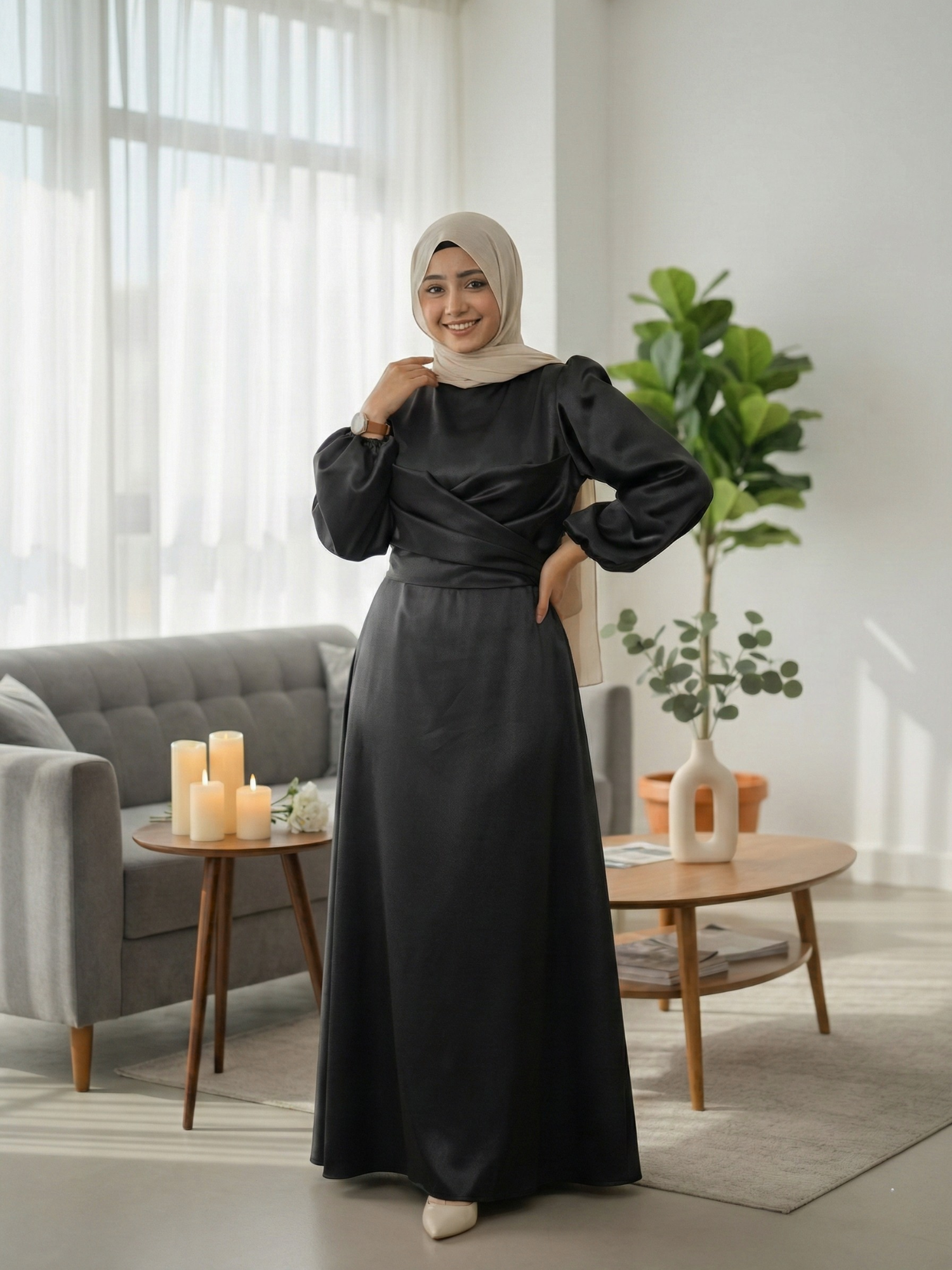 Yezwe jet black satin flowing modest maxi dress full length front view
