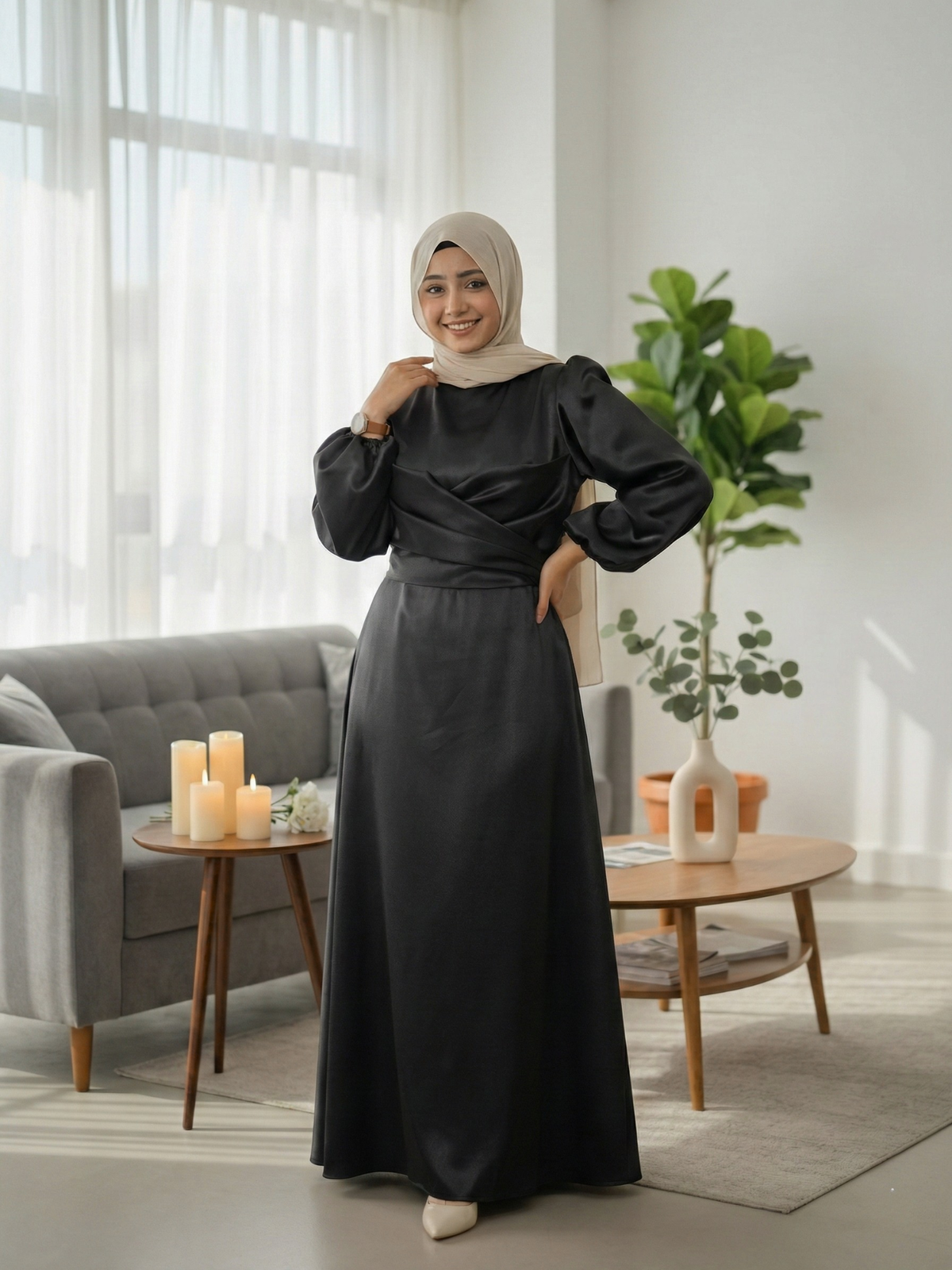 Yezwe jet black satin flowing modest maxi dress full length front view
