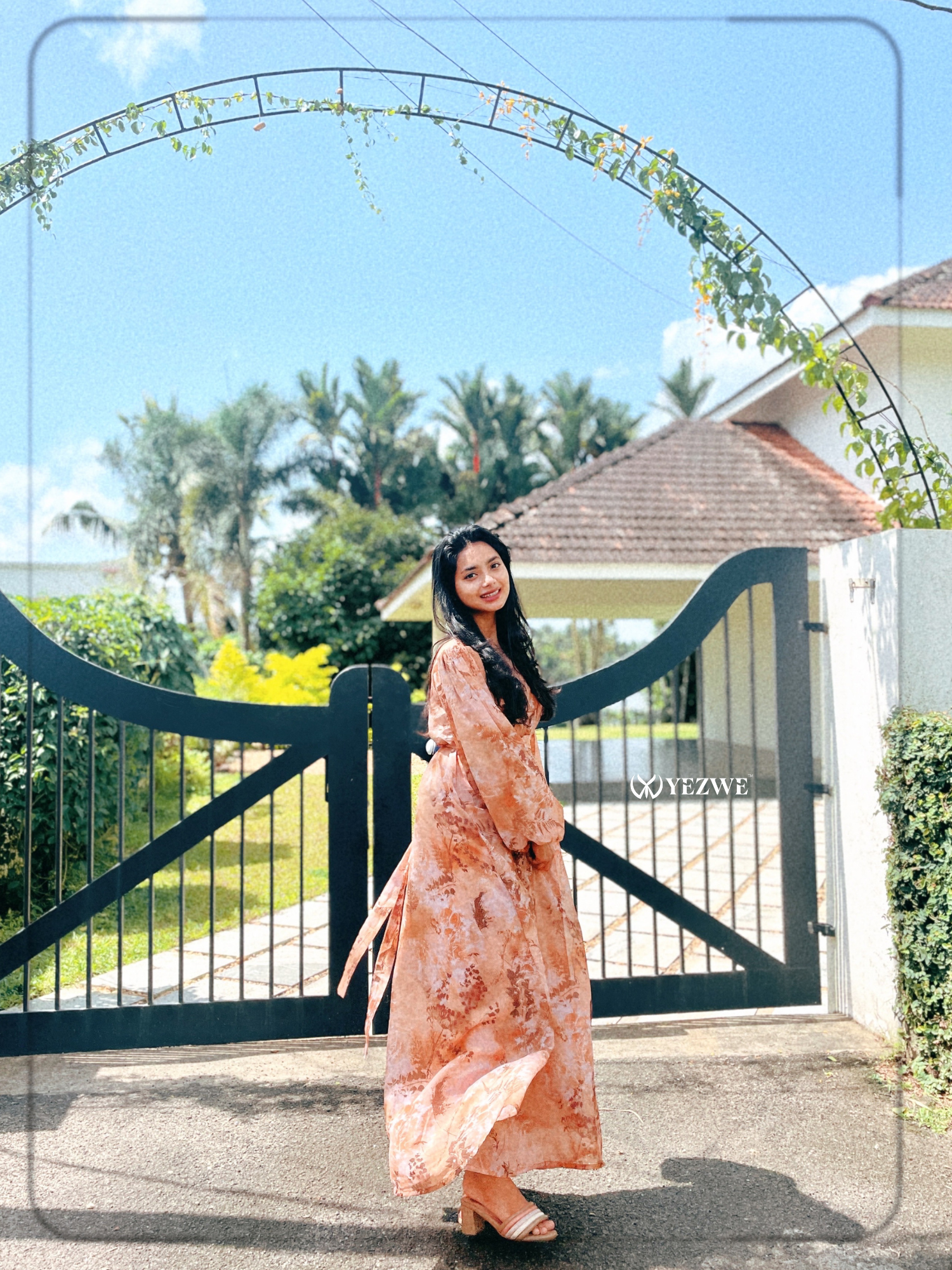 Yezwe Brown Floral Georgette Maxi Dress with Lycra Lining - Modest Wear