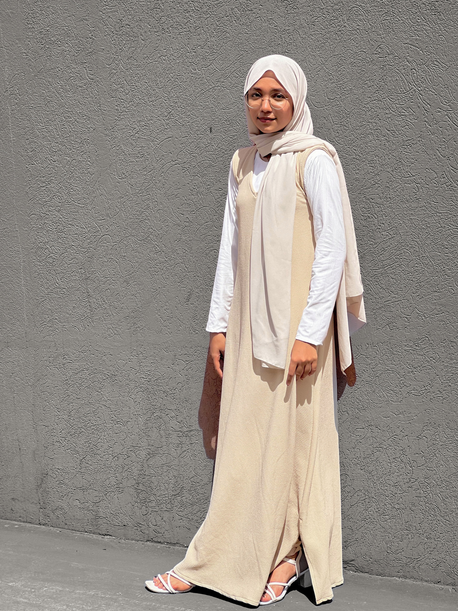 Yezwe Beige Pinafore Full Length with White Inner Top - Modest Wear