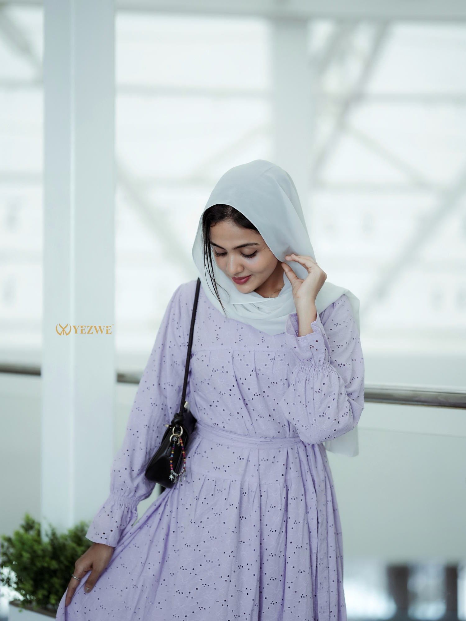 Yezwe Embroidery Hakoba Light Lavender Maxi Dress WIth 3 Layer with Cloth Belt - Modest Wear